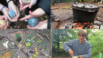 A collage of four forest school images. Top left: a person holds a handful of colourful felt balls in a woodland setting. Top right: a cast‑iron pot cooks over an open fire in the forest. Bottom left: sticks and leaves arranged into a natural pattern on the forest floor. Bottom right: a student sits on a large log mixing ingredients in a bowl during an outdoor activity