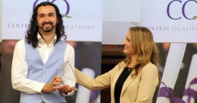 Award winner Matt Badham, with keynote Cat Capon.