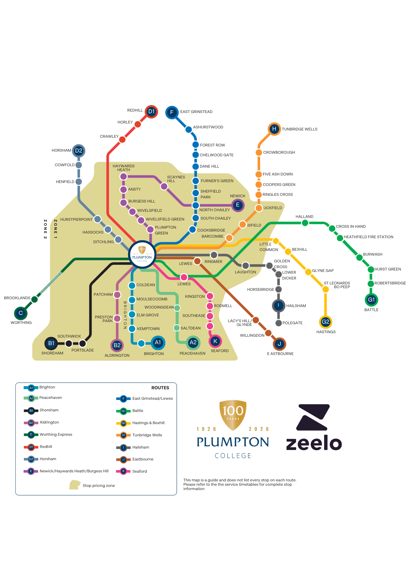 Plumpton College Bus Network Map for the 2026/27 Academic Year, provided by Zeelo