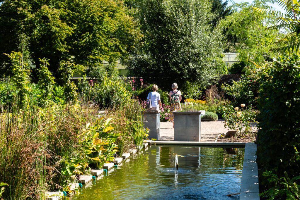 Two visitors walking past a pond with a small fountain in a lush walled garden
